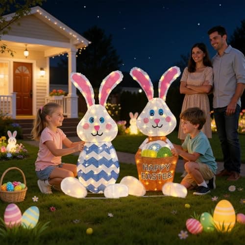 Outdoor Easter Rabbit Yard Decorations, 38 Inch Lighted Metal Decor with 120L, Set of 2 Plug-in LED Bunny Couple Festive Holiday Ornaments for Garden Patio Yard Porch Lawn Display - Thumbnail 5