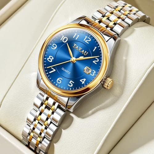 Taxau Watch Women Luxury Fashion Silver and Gold Two Tone Stainless Steel Watches for Women Blue Small Face Waterproof Women's Watches with Date Classic Dress Analog Quartz Ladies Watch Reloj Mujer - Thumbnail 3