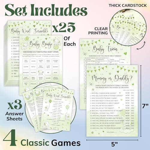 Woodamore Elephant Baby Shower Games for Boy Girl - Set Of 4 Funny Baby Games For Baby Shower Party, Baby Shower Bingo Cards, Baby Word Scramble Mommy Or Daddy Game Green Baby Shower Decorations - Thumbnail 2
