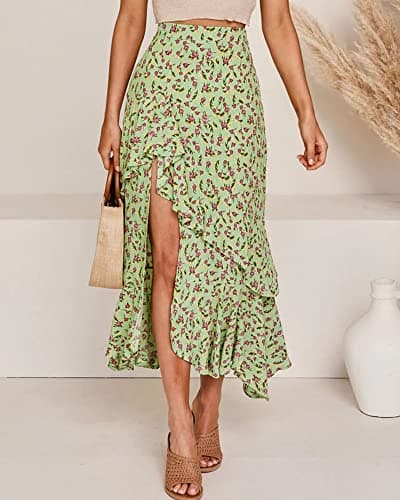BTFBM Women 2026 Spring Summer Long Skirts Dress Boho Floral Elastic Waist Split Ruffle High Low Beach Maxi Skirt Clothes(Z-Green, X-Large) - Thumbnail 2