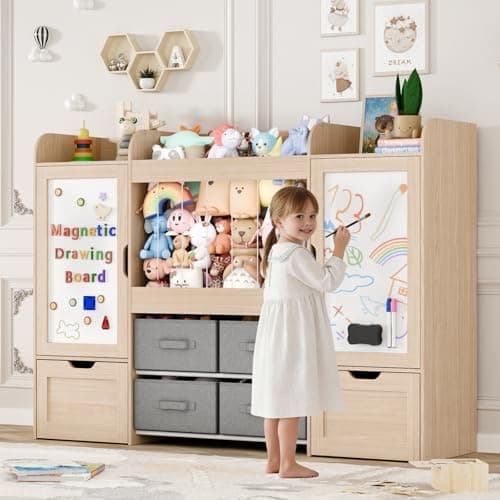 VortinT 61" W Kids Toy Organizer, Bookshelf with 2 Magnetic Drawing Boards, Stuffed Animal Zoo, 2 Rolling Drawers, 4 Fabric Bins, Large Kids Wooden Toddler Storage for Playroom, Nursery, Bedroom - Image 1
