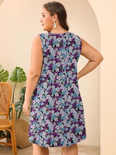 AusLook Plus Size Midi Dress for Women Sleeveless Crew Neck Summer Casual Floral Loose Flowy 2026 Tricolor Blossoms 2X Tank Sundress Beach Vacation Dress with Pockets - Thumbnail 6