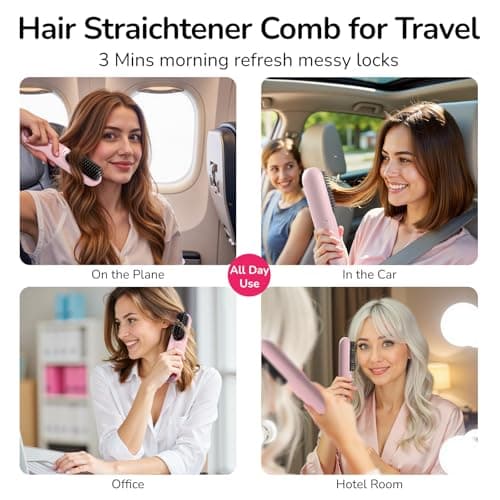 Go Brush Pro for Short Hair 2026 Hair Straightener Brush 300M Negative Ions,Portable Cordless Straightening Comb for Women,Fast Heating 4 Temps for Frizz-Free Smooth Hair Travel Gift Light Pink - Thumbnail 2