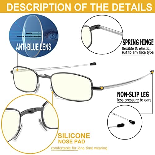 Yiwaeye Folding Reading Glasses Blue Light Blocking, Soft Nose Pad Spring Hinge Portable Thin Readers for Men Women 3 Pack Black/Gunmetal/Blue +1.25 - Thumbnail 4