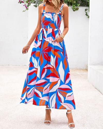 PRETTYGARDEN Womens Summer Dresses 2026 Casual Spaghetti Strap Ruffle Smocked Flowy Floral Spring Maxi Dress with Pocket(Floral Blue Multicolored,X-Large) - Thumbnail 3