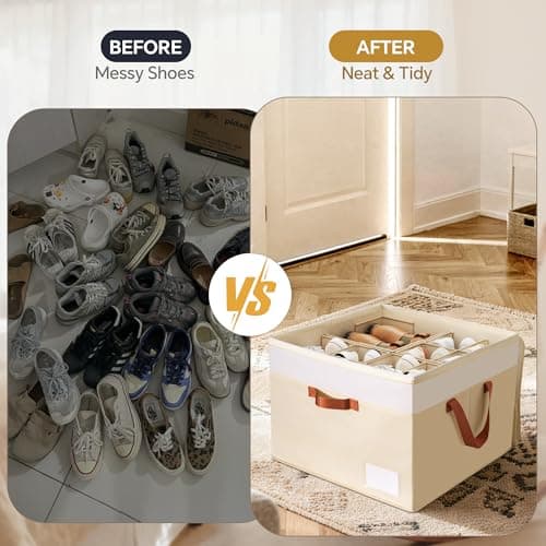 Criusia Shoe Organizer for Closet, 2 Pack Foldable Shoe Storage Organizer Box Bin with Adjustable Dividers and Clear Cover, Closet Shoe Storage for Sneakers Sandals Boots, Fit 16-32 Pairs, Beige - Thumbnail 2
