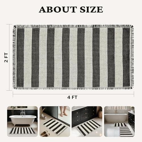 MatEssenz 2x4ft Waffle Bath Mat, Water Absorbing Bath Mat Nonslip Fast Drying Soft Foot Feeling Long Bathroom Rug for Bathroom, Machine Washable Runner Rug withTassels, Black and White Stripes - Thumbnail 2