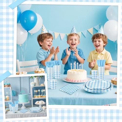 NatNarr 175 Pcs Gingham Paper Plates, Boy Baby Shower Decorations Include Blue Gingham Plates and Napkins Cups Disposable Blue Dinnerware for Picnic, Wedding, Birthday - Thumbnail 6