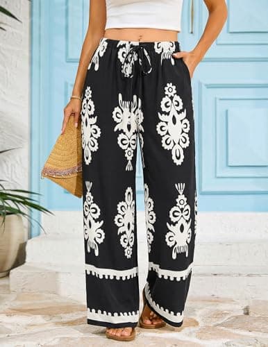 LOOKBOHO Women's Wide Leg Palazzo Lounge Pants Casual Comfy High Waist Palazzo Pants with Pockets Black White XL - Thumbnail 4