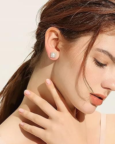 Dexiriu Pearl Stud Earrings for Women, Halo Studs with 14K Gold Plated S925 Silver & Cultured Freshwater Pearl, Gift for Birthday, Mothers Day, Christmas, Anniversary, Graduation(8-9MM) - Thumbnail 2