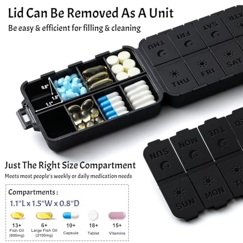 Foldable & Portable Pill Organizer 2 Times A Day with Extra Compartments - Etched Labels - Weekly 7 Day AM PM Medicine Box, Week Daily Travel Pill Case Holder Dispenser for Vitamin, Supplement - Black - Thumbnail 4