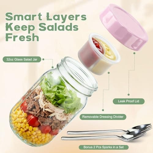 Salad Jars with Lids Meal Prep Containers Glass - 32oz Leakproof Mason Jars Salad Containers with Dressing Cup for Lunch Bentgo, Full Meal Salads Lunch Containers with Spoon Forks for Adults - Thumbnail 3