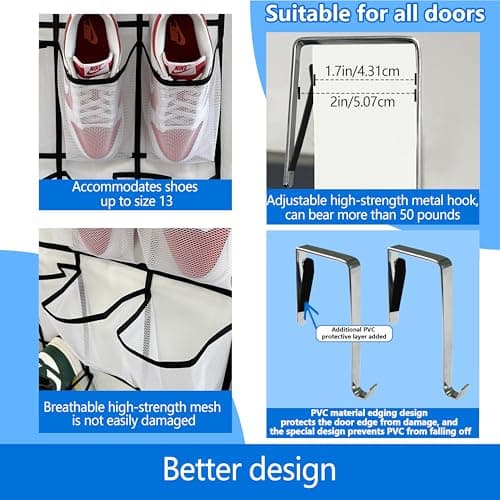 over the door shoe organizer,2025 upgraded,shoe organizer,35 Huge pockets,over door shoe organizer,Store size 13 shoes,shoe organizer,Strong material,hooks Suitable for various doors,White/black - Thumbnail 4