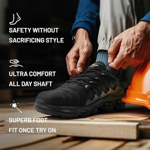 DRRHINO Steel Toe Shoes for Men Women Comfortable Lightweight Work Sneakers for Men Composite Toe Safety Sneakers Men's Slip Resistant Indestructable Construction Safety Shoes Black - Thumbnail 6
