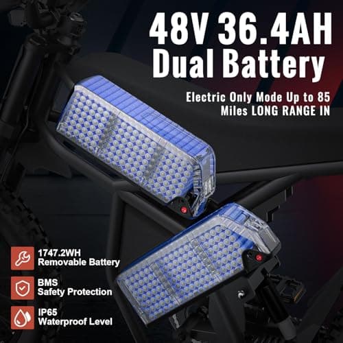 Riding'times GT73 Electric Dirt Bike for Adults, 2400W 48V 37MPH Dirt Bike, 36.4AH Dual Battery Ebike Up to 85 Miles, 25" Motorcycle Tire, UL2849 All Terrain for Mountains, Snow, Sand - Thumbnail 4