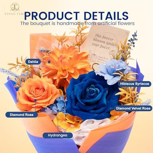 TINGE TIME Preserved Flowers Bouquet, Orange & Navy Blue Roses Gift Bouquet, Eternal Roses Bouquet for Wedding, Table Centerpieces, Mothers Day, Birthday Gifts, Anniversary, Graduation - Thumbnail 2