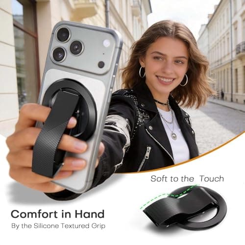 SINCEHOLY for MagSafe Phone Grip, Magnetic Phone Grip with Silicone Finger Strap & Dual-axis Adjustable Kickstand, Magnetic Phone Stand Ring Holder for Mag Safe iPhone 17/16/15/14/13/12 Series, Black - Thumbnail 5