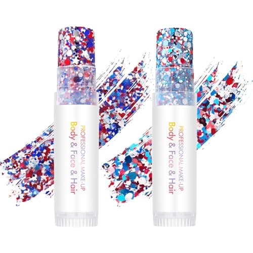 Red White Blue Hair Glitter Stick (2PCS), 4th of July Accessories, 250 Anniversary USA Merchandise, American Flag Makeup for Independence Day 250 Anniversary, Waterproof Face Glitter for Women - Image 1