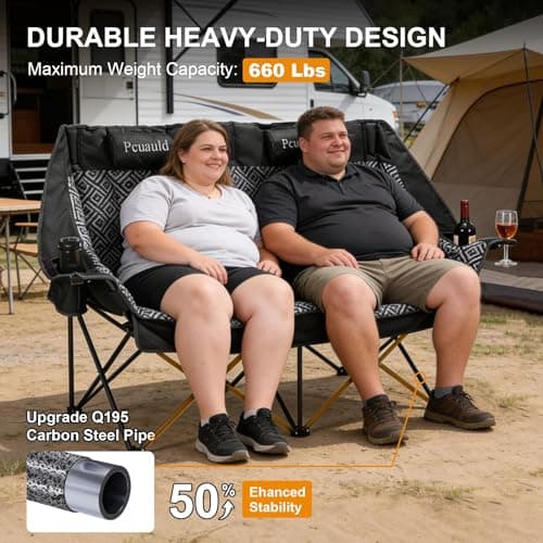 High Back Double Camping Chair Padded Folding Loveseat with Adjustable Pillows Heavy Duty 2 Person Camping Lawn Chairs for Adults with Cup Holders & Wine Racks for Outdoor Sports Beach Fishing - Thumbnail 3