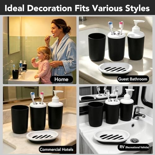 Matte Black Bathroom Accessories Set, 4 Piece Plastic Bathroom Toothbrush Holder Set, Soap Dispenser with Press-Lock, Toothbrush Holder, Soap Dish and Rinse Cup, Boho Bathroom Decor for Home Travel - Thumbnail 6