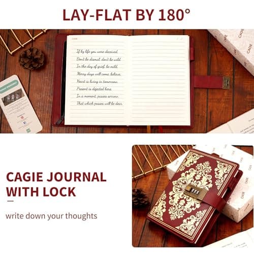 CAGIE Lock Journal for Women Vintage Refillable Diary with Lock 224 Pages Leather Locked Journal for Personal Secrets Writing with Gift Box(Red) - Thumbnail 3