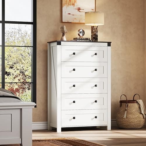 GALAXHERO Farmhouse White TV Stand, 5 Drawer TV Console, Tall Wood Media Console with Double Rustic Handle, Entertainment Center for Living Room, Hallway, Closet - Thumbnail 3