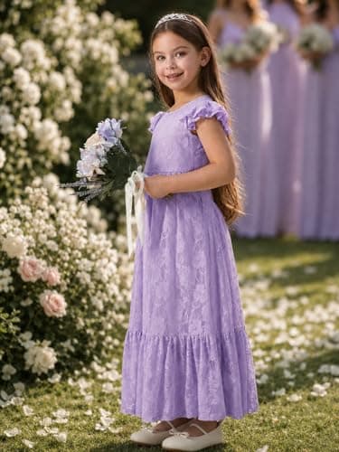 ALLOVIN Toddler & Girls Spring Graduation Lace Flower Girl Dress for Wedding Baptism First Communion Maxi Boho A-Line | Flutter Sleeve Purple | 3-4Y - Thumbnail 3