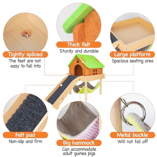 BESNEW 3 in 1 Enlarged Guinea Pig Hammock with House & Platform,Wooden Guinea Pig Hideout with Hammock & Stairs Small Animal Toys for Hiding Sleeping Activities - Thumbnail 5