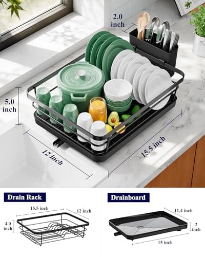 Kitsure Dish Drying Rack for Kitchen Counter, Stainless Steel Sink Organization and Storage Essentials with Cutlery Holder, Home and Appartment Decor, 12''W x 15.5''L, Black - Thumbnail 5