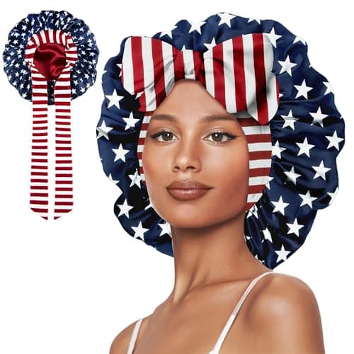 Vettres Satin Lined Sleep Cap Silk Bonnet Double Layer Bonnet with Tie Satin Hair Bonnet for Sleeping Flag - Image 1