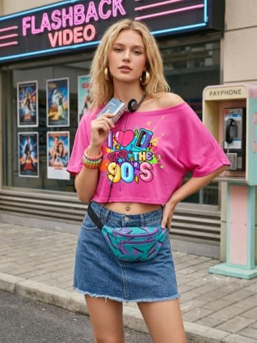 80s Outfit for Women 90's Theme Party Shirt Sexy Off The Shoulder 90S Tshirts 80s Disco Off Shoulder Crop Tops - Thumbnail 2
