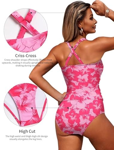 ZAFUL Women Swimwear Tankini Swimsuit Two Piece Bathing Suits Ruched Tummy Control Swimsuit Tankini Top with High Waisted Bottom Rose Red S - Thumbnail 5