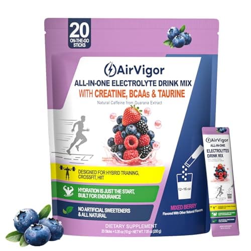 AirVigor Electrolyte Powder with Creatine All-in-One Hydration Drink Mix for Workout, Pre Workout Energy & Recovery, Amino Support, Low Calorie Electrolyte Drink Packets, 20 Sticks, Only 5 Calories - Image 1