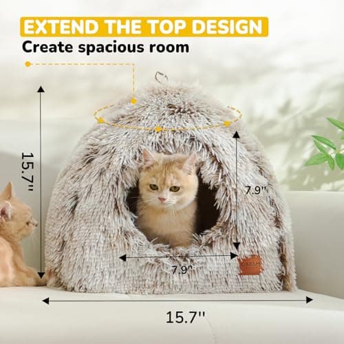 CATISM Cat Bed, Cat Cave for Indoor Cats, Soft Cat Dome, Self-Warming 2 in 1 Foldable Pet Cat House with Washable Cushioned Pillow Calming Fluffy Dog Beds for Small Dogs with Anti-Slip Bottom Brown - Thumbnail 3