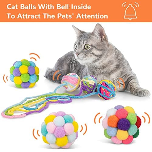 Retro Shaw Cat Toys Balls, 6Pcs Woolen Yarn Cat Ball Toy with Bell Inside, Interactive Kitten Toys for Indoor Cats Kitty, Chew Toys Jingle Pompom Ball with String - Thumbnail 2