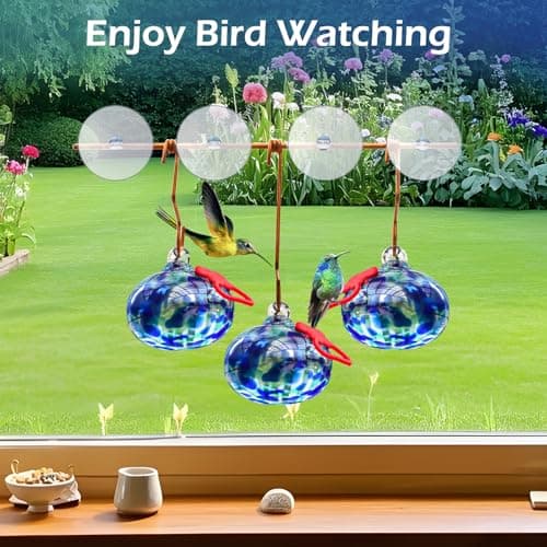 Pozfun Window Hummingbird Feeder with Suction Cups,Hand-Blown Glass Hummingbird Feeders for Outdoors Window Mounted with Metal Hook,Close Bird Watching,Finch in Garden,Yard(Dotted Blue) - Thumbnail 2