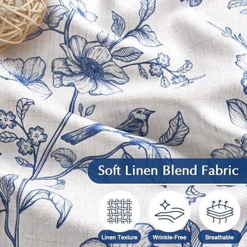 Yinhua Blue Floral Curtains for Living Room 84 Inch Length Farmhouse French Bedroom Curtains with Ruffle Tieback, Linen Light Filtering Window Curtain Rod Pocket Back Tab Drapes, 52"W x 84"L, 2 Panels - Thumbnail 3