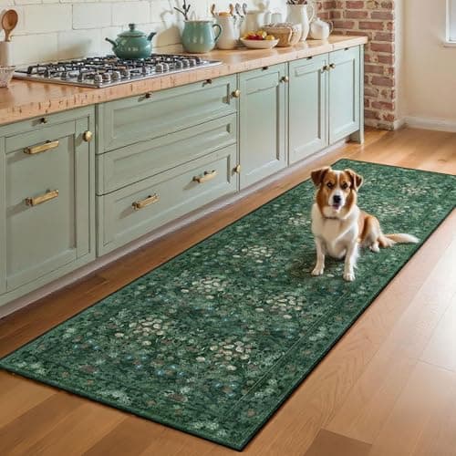 Lunasun Boho Green Long Hallway Runner Rug 2x6 Washable, Farmhouse Floral Botanical Non Skid Kitchen Floor Mat - Vintage Soft Throw Rug for Bathroom, Indoor Entrance, Foyer, Bedroom Bedside, Laundry - Thumbnail 2