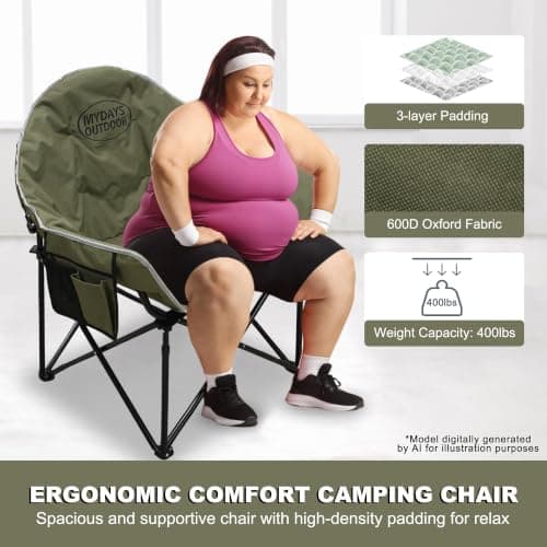 MYDAYS OUTDOOR Oversized Camping Chair, Portable Folding Moon Chair with Side Pocket, Heavy Duty Outdoor Chair for Camping, 400lbs Support (Green) - Thumbnail 6