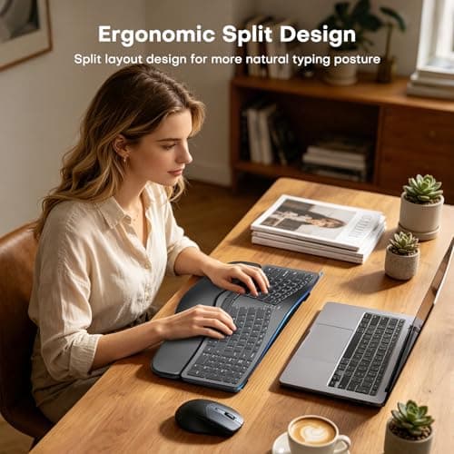 MOKURU Wireless Ergonomic Keyboard, Split Keyboard with Wrist Rest, Full Size 2.4G BT Computer Keyboard, Compatible with Windows, Mac OS, PC Computer/Laptop (Black) - Thumbnail 2