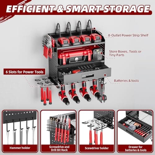 SEENWUUN Power Tool Organizer Wall Mount Heavy Duty 130 lbs, 4 Layers Storage Rack with 6 Drill Holders & Battery Storage, Cordless Tool Organizer for Garage, Workshop & Tool Room - Thumbnail 4