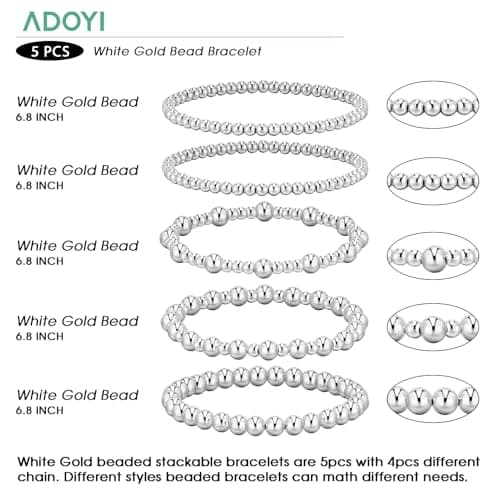 adoyi Silver Bracelets for Women, 14K Gold Plated Beaded Strand Bead Ball Bracelets stack Set Adjustable Stackable Bracelet Sets Jewelry for Womens Gifts - Thumbnail 5