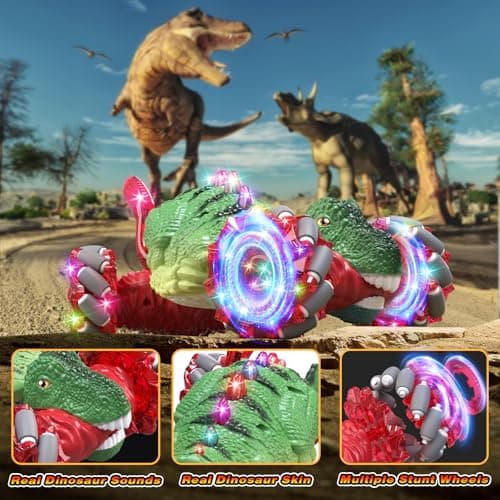 OSIMILY Remote Control Car，Dinosaur Toys car for Kids，2.4GHz LED Gesture Sensing RC Car，4WD Rotation RC Stunt Car with Lights and Music，Dino Toys for Kids Ages 3 4 5 6 7 Gifts for Boys Girls(Red) - Thumbnail 5