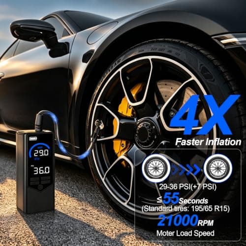Tire Inflator Portable Air Compressor, 7500mAh Cordless Air Pump for Car Tires, Bike Pump with Color Screen Digital Pressure Gauge, 4X Faster 150PSI Tire Pump for Cars, Motorcycles, Bicycles, Balls - Thumbnail 6