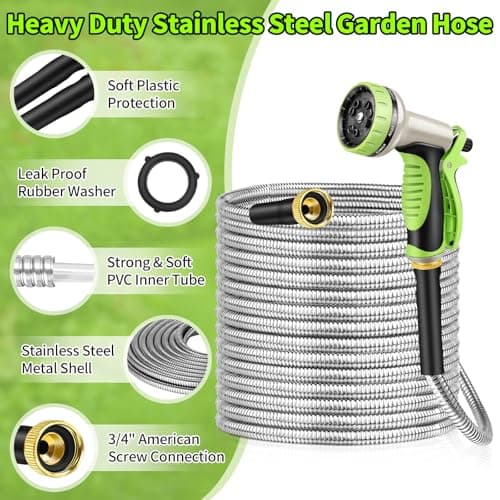 GOXAWEE Garden Hose 100FT, Stainless Steel Heavy Duty Water Hose With 10 Function Nozzle, No-Kink, Tough & Flexible, Sturdy and Lightweight, Rust Proof for Yard, Outdoor, RV - Thumbnail 2
