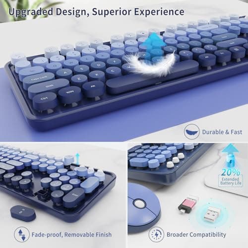 Nowlike Wireless Keyboard and Mouse Combo, Retro Typewriter Keyboard with Round Keycaps, Full-Size Ergonomic, Blue, Ideal for Windows PC, Home, Office, and College, Wireless Keyboard Mouse Combo - Thumbnail 4