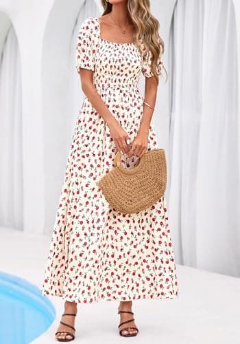 BTFBM Spring Summer Dresses for Women 2026 Puff Short Sleeve Smocked Floral Print Boho Beach Wedding Guest Maxi Dress(Floral Apricot Rose Red, XX-Large) - Thumbnail 6