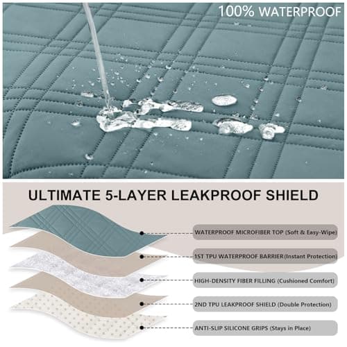 Eusalioy 100% Waterproof Couch Cover for Dogs, Washable Anti-Slip Sofa Cover with Elastic Straps & Side Pockets, Quilted Furniture Protector for Kids & Pets (3 Cushion 68", Grayishblue) - Thumbnail 2