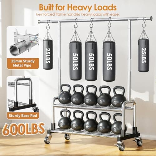 Luxspire Heavy Duty Clothes Rack, Clothing Rack Load 600 LBS, Rolling Clothes Racks for Hanging Clothes with Sturdy Wheels & 2 Tier Shelves, Adjustable Garment Rack for Bedroom, Laundry Room, Silver - Thumbnail 3