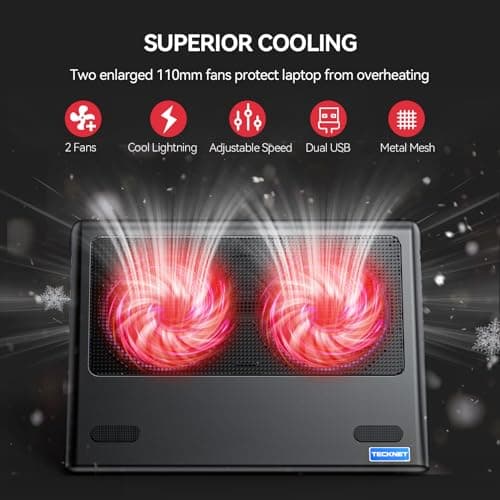 TECKNET Laptop Cooling Pad - 12"-15.6" Laptops Cooler, Powerful Cooler and Ultra Quiet for Gaming Laptops Pad, 2 Wind Speed Adjustable, USB A & C Powered Cooler Stand with Laptop Fan LED (Red) - Thumbnail 2